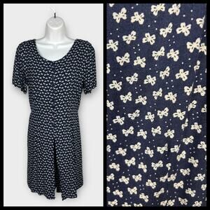 90s Alix Taylor NY Blue Rayon Bow Print Romper Dress Button Front Tie Back XS